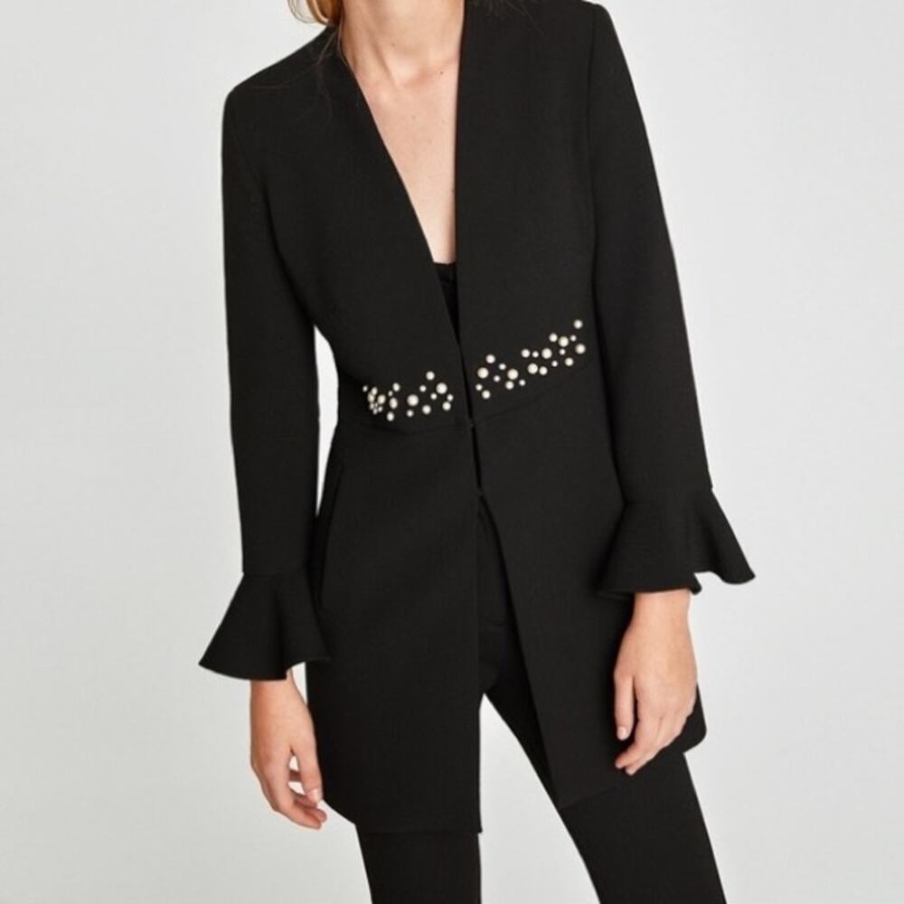 Zara black frock Blazer coat jacket w faux pearl
SZ LG